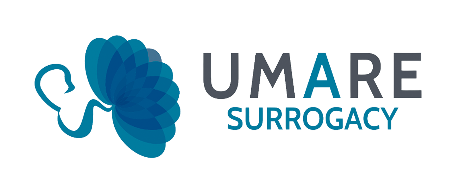 UMARE Surrogacy logo: teal, abstract flower icon to the left of the brand name in blue-gray letters.